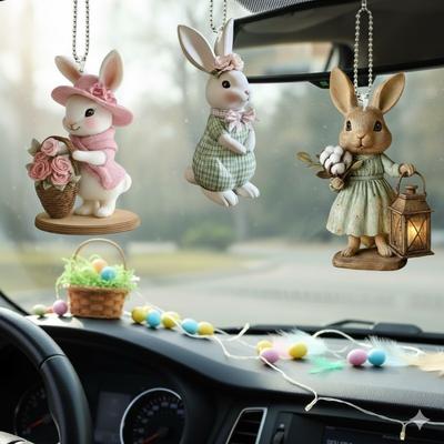 4PCS Holiday Car Hanging Ornament Valentine's Day Acrylic 2D Cartoon Cow and Rabbit Rearview Mirror Decoration Easter Car Charm