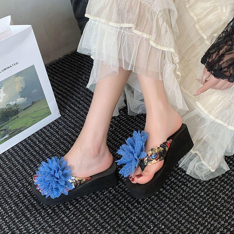 2025 Summer Cool Slippers Women Summer Wear Thick-soled Princess Heightened Thick-soled Flip-flops Flowers Beach Cool Slippers Women