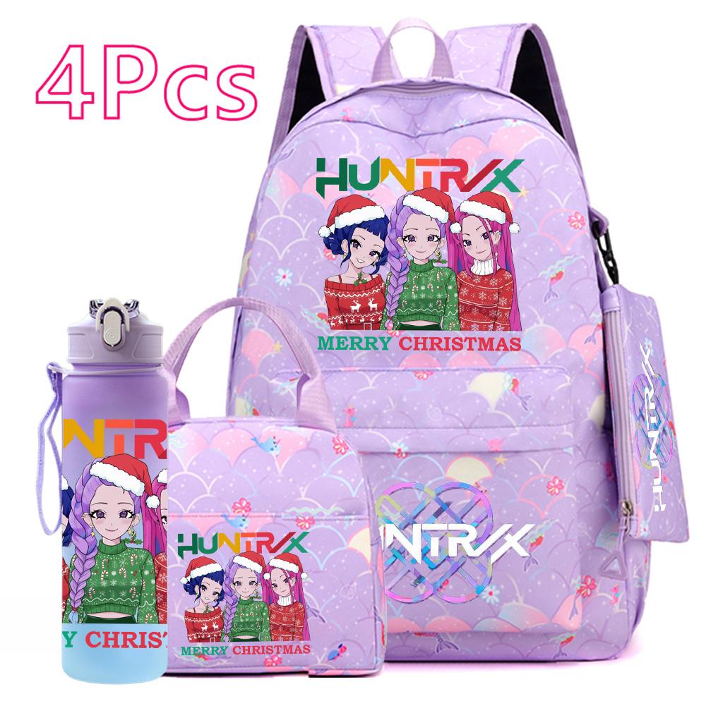 4Pcs/set Christmas KPOP Printed Backpack with Handbag Pencil Case 750Ml Water Bottler for Teenager Boy Girl Large Capacity Bookbag Schoolbag Kid Gift