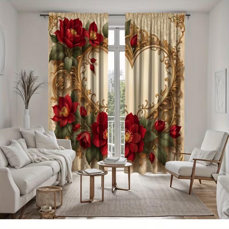 2PC Red Rose Gold Heart Curtains Baroque Print Light Filtering Drapes Luxury Romantic Home Decor for Bedroom Living Room