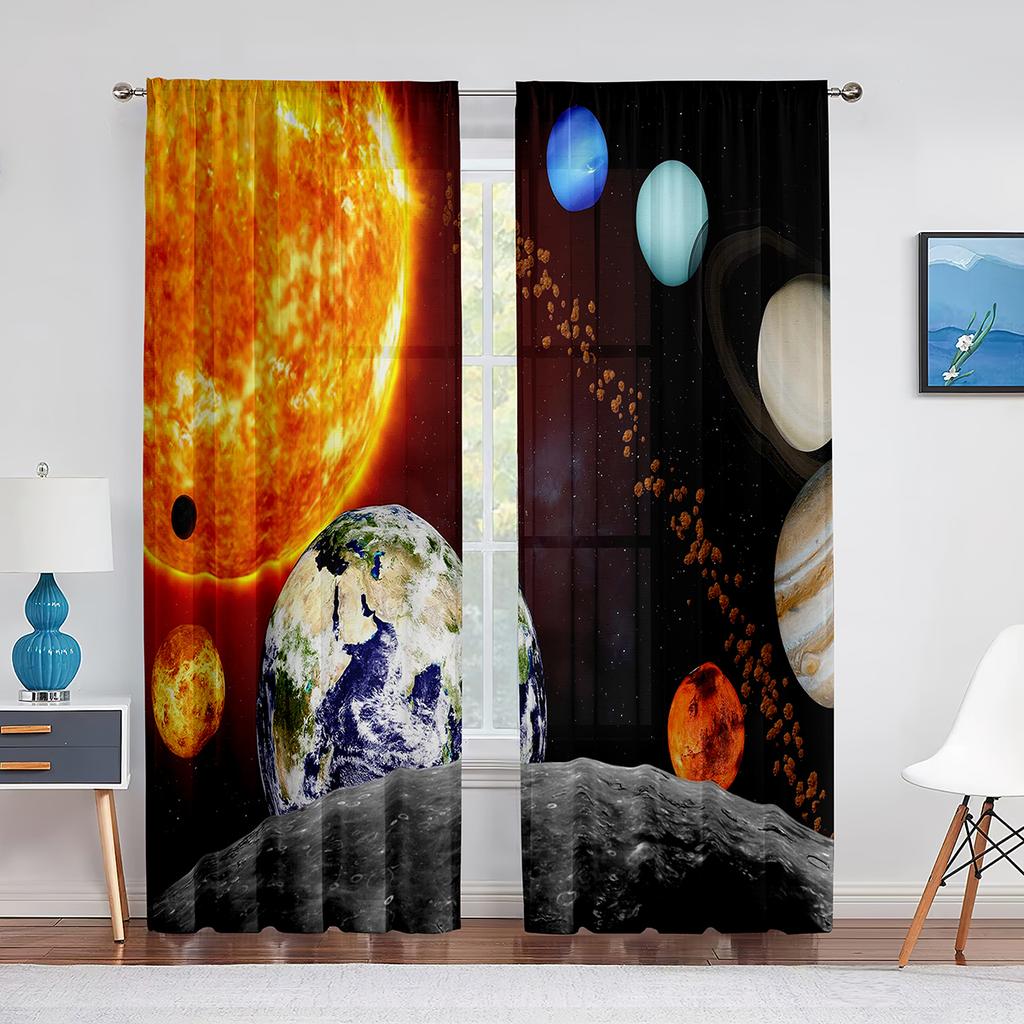 Solar System Outer Space Sheer Voile Curtain for Living Room Bedroom Decor Planet Galaxy Glitter Fantasy Window Tulle Curtains