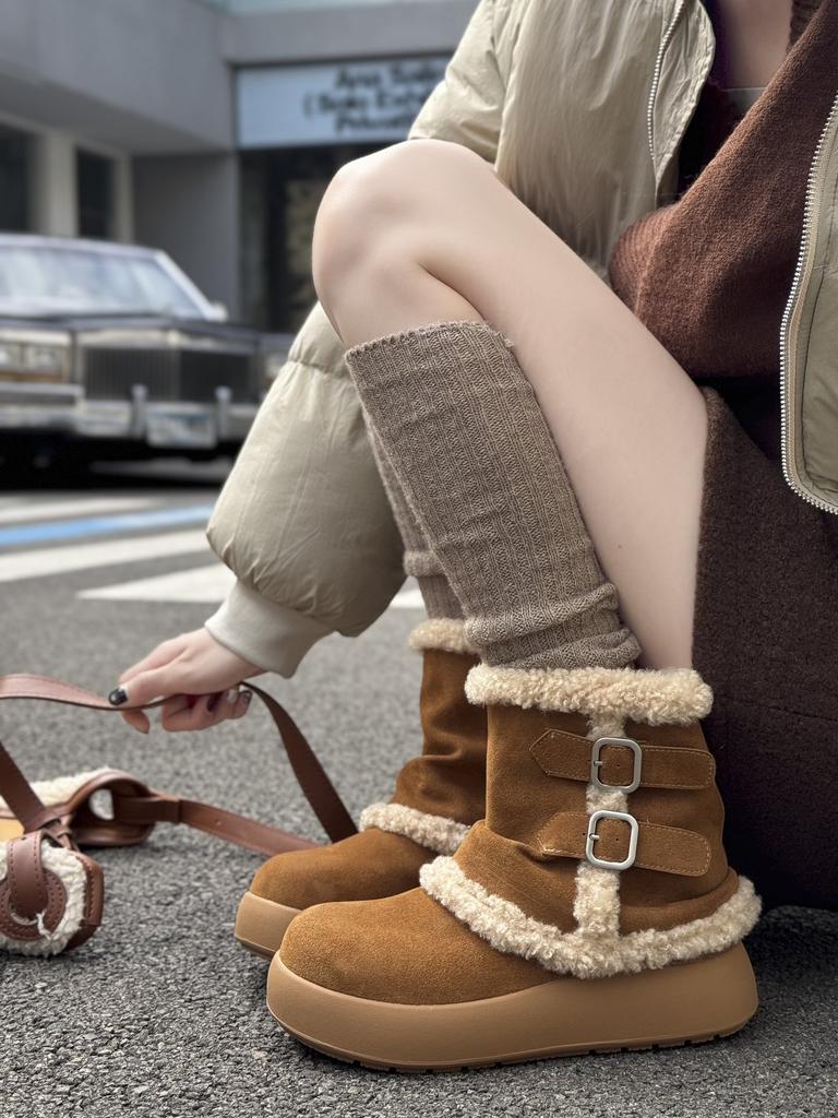 Thick-soled Medium Tube Snow Boots Women's 2025 Autumn and Winter New Altay Fur Integrated Plush Warm Wool Cotton Shoes