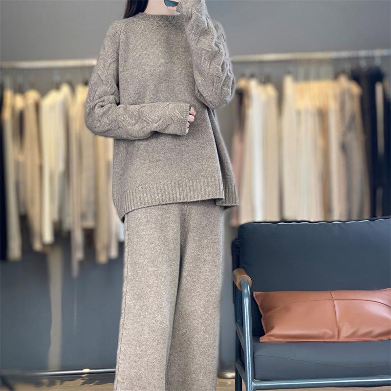 

2026 A/W Pure Wool Knit Twist Pattern Sweater & High-Waisted Wide-Leg Pants Set XL верблюд