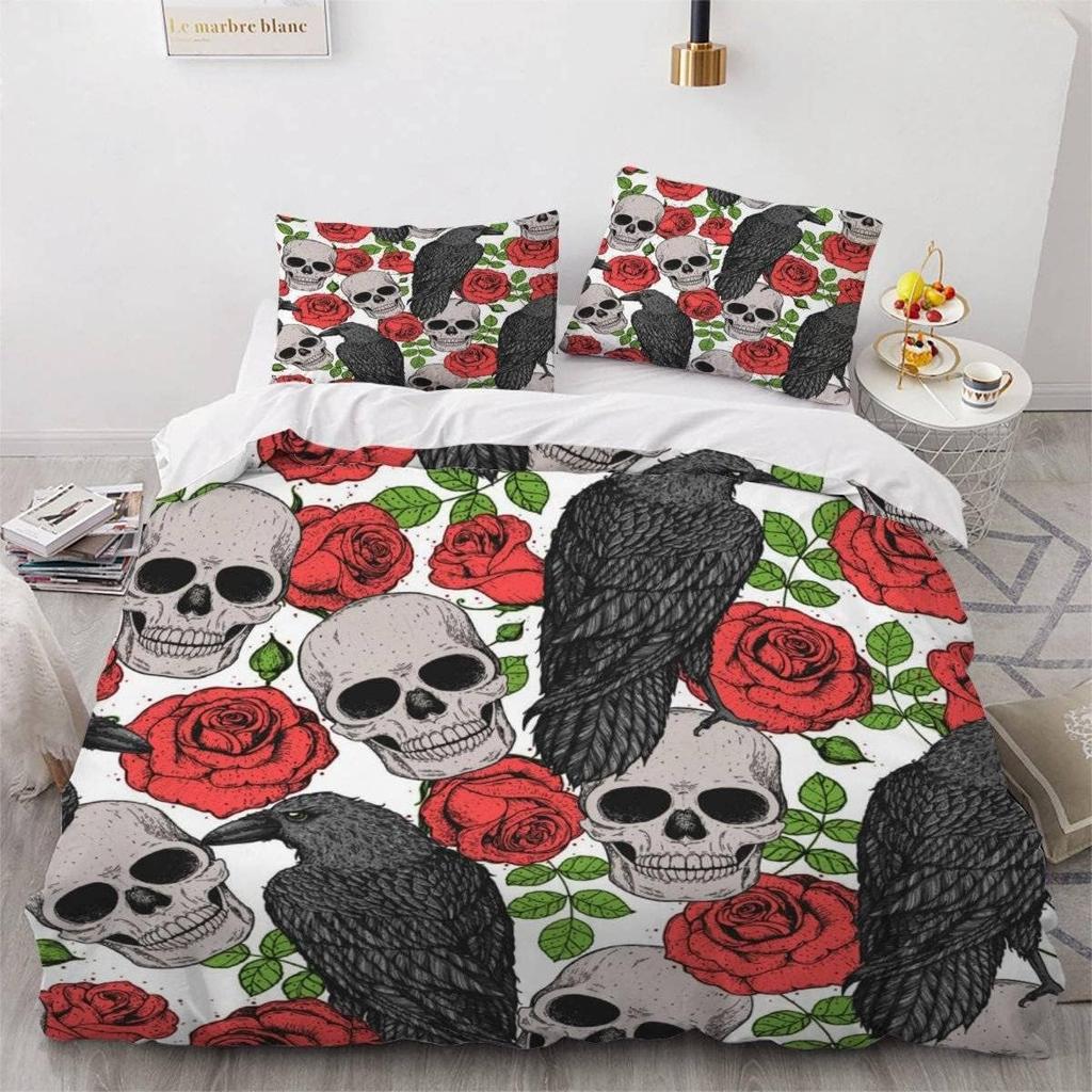 Crow Skeleton Microfiber Bedding Set With Pillowcases 50x75cm, Vintage 3D Printed Quilt Cover With Zipper For Kids Aldults