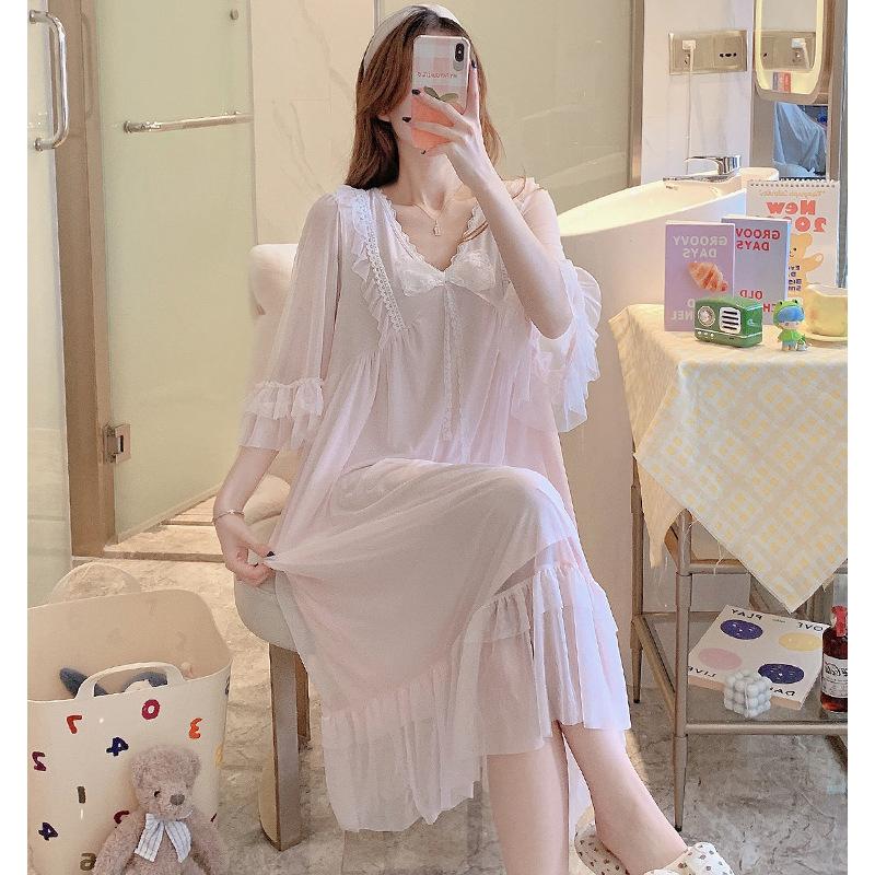 Short-Sleeved Mesh Lace Long Nightdress Summer Court Style Princess Pajamas Women'S Bow Loungewear With Chest Pad