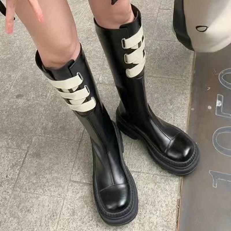 Platform Women Shoes Chelsea High Boots Fashion Punk Leather Motorcycle Boots Winter 2025 New Non Slip Chunky Goth Botas Mujer