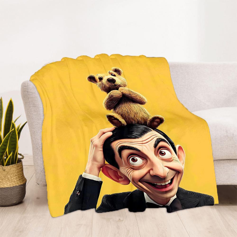 1pc Mr. Bean Teddy Outdoor Blanket Lightweight Flannel, Soft & Warm, All-Season Use for Sofa, Outdoor, Camping, Living Room, Office011