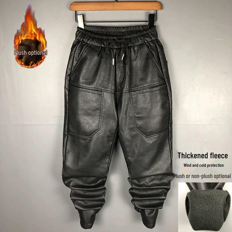 Winter Men's Plus Velvet Thick Motorcycle PU Leather Pants - Black Warrior Windproof Waterproof Warm Trousers.