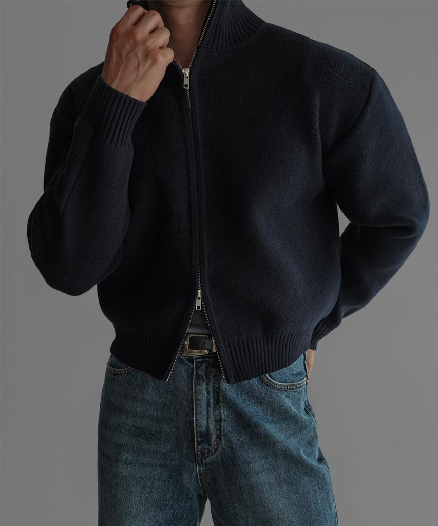 Baulopeulodeogteu Heavy Cotton Crop Knit Zip-Up [Navy]