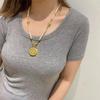 Gold Pearl Beaded Chain Necklace with Enamel Coin Pendant Vintage Chinese Style Jewelry for Women