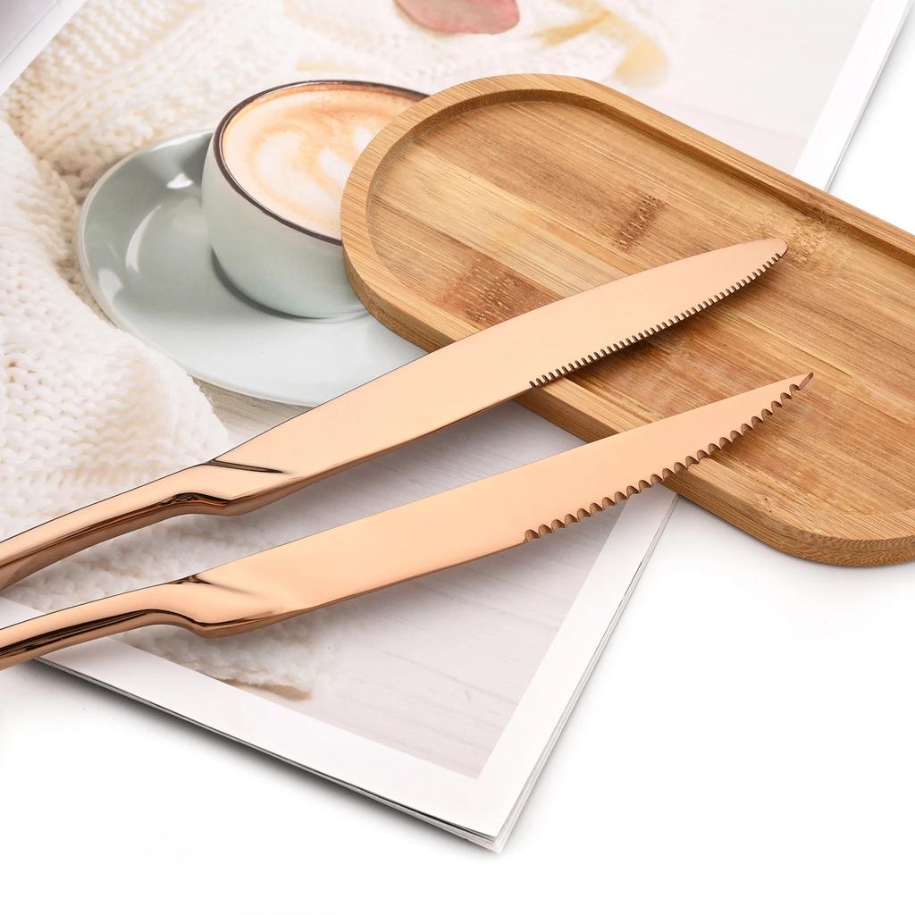 Set 4 Bucăți Cuțite de Masă Oglindă Tacâmuri din Oțel Inoxidabil Aur Argintarie Tacâmuri de Bucătărie Veselă Occidentală Restaurant Cuțite pentru Friptură