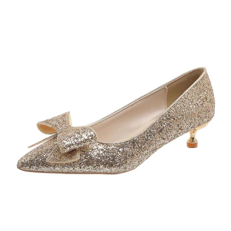 Fashion Women's Slim Heel Shoes Fall New Pointy Shallow Mouth Butterfly Knot Sequin Non-slip Temperament Low Top Shoes