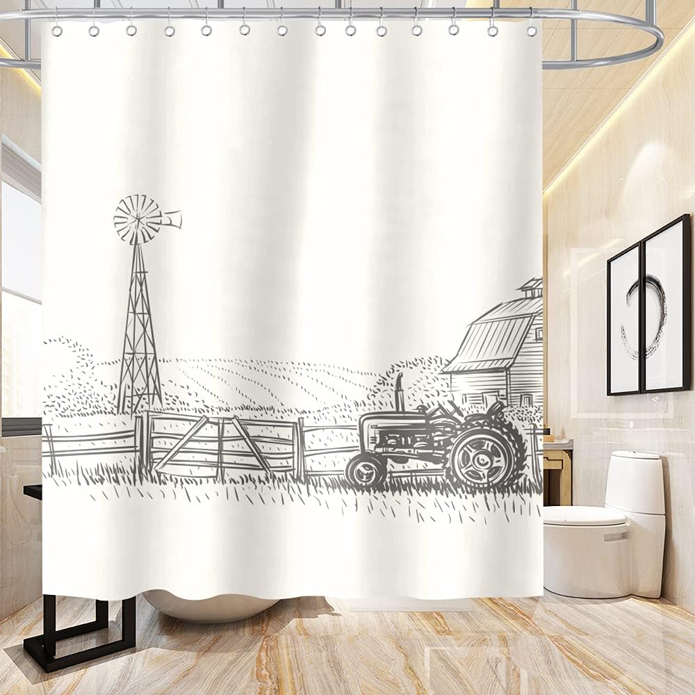 Sketch Rustic Shower Curtain Farmland Farmhouse Tractors Wooden Fence Theme for Kids Bathroom Decor Cloth Fabric Sets with Hooks Waterproof Washable