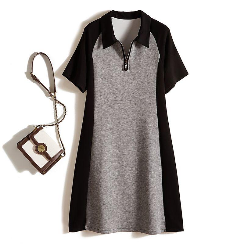 

Positioning Color Matching! Nordic Simple Style Women Summer Air Cotton Small Lapel Front Zipper Easy to Wear Plain Design Dress Black 4XL