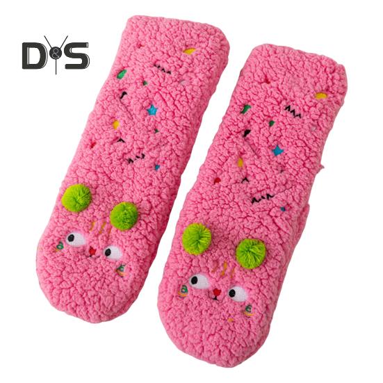 

1 пара зимних носков-тапочек с мультяшным дизайном и вышивкой животных, ультра-толстые флисовые носки средней длины с нескользящими вставками розовый