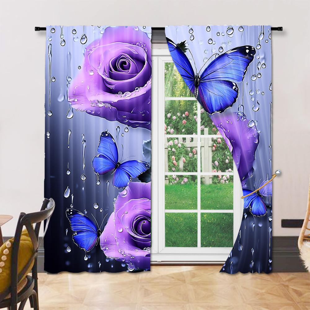 Set Of 2 Purple Rose Floral Print Curtains Decor Bedroom Living Room Polyester Rod Hole Artistic Made Machine Washable Area Window Treatment