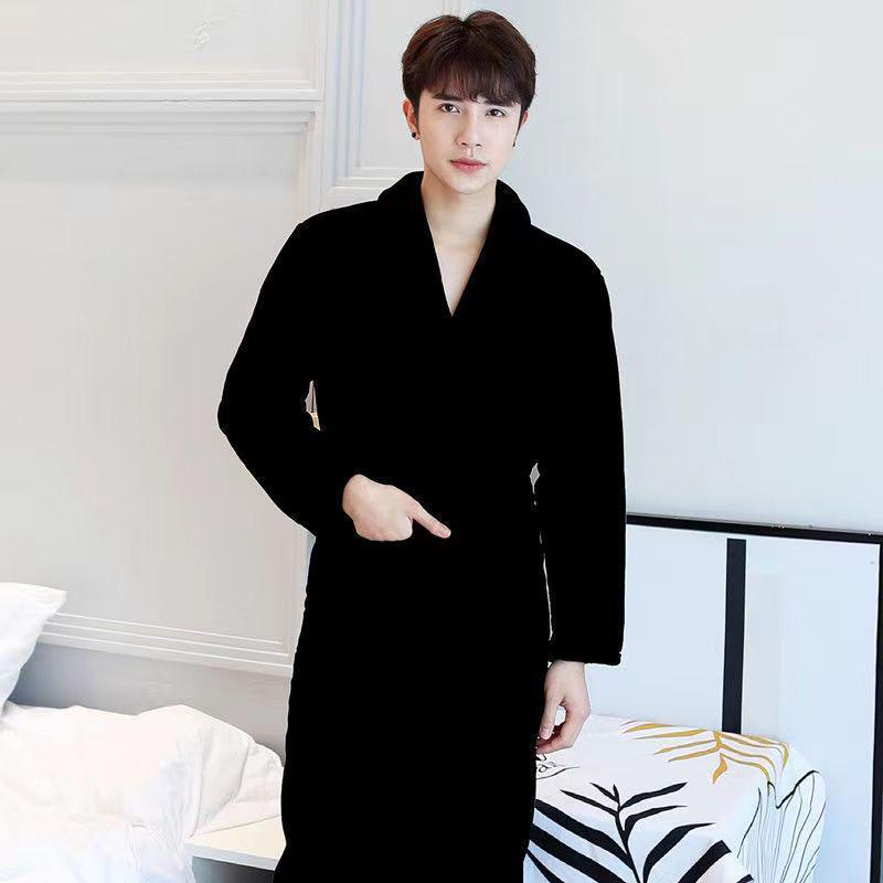 Men's Mid-Length Plush Coral Fleece Flannel Bathrobe for Autumn/Winter