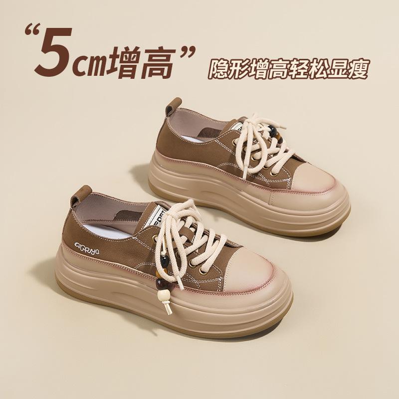 Retro Cowhide Little White Shoes Women's New Versatile Casual Muffin Board Shoes Lightweight Thick-soled Heightening Shoes Women