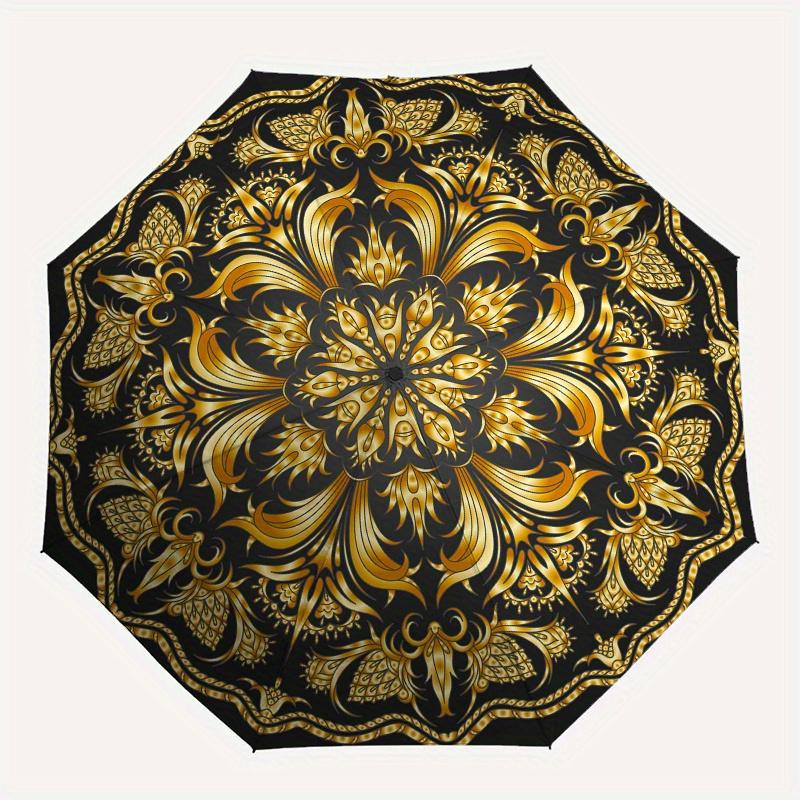 Golden Ornament Circular Pattern  Luxury Decorative Design Umbrella, Portable 3 Fold Compact Umbrella for Men & Women,S284