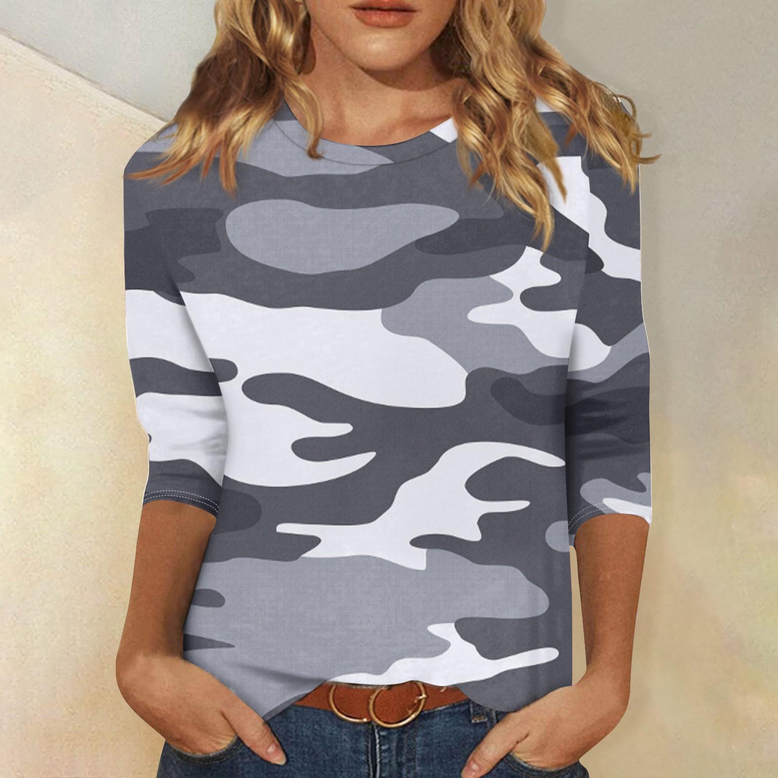 

Жіноча модна повсякденна футболка з камуфляжним принтом із сімома рукавами та круглим вирізом S