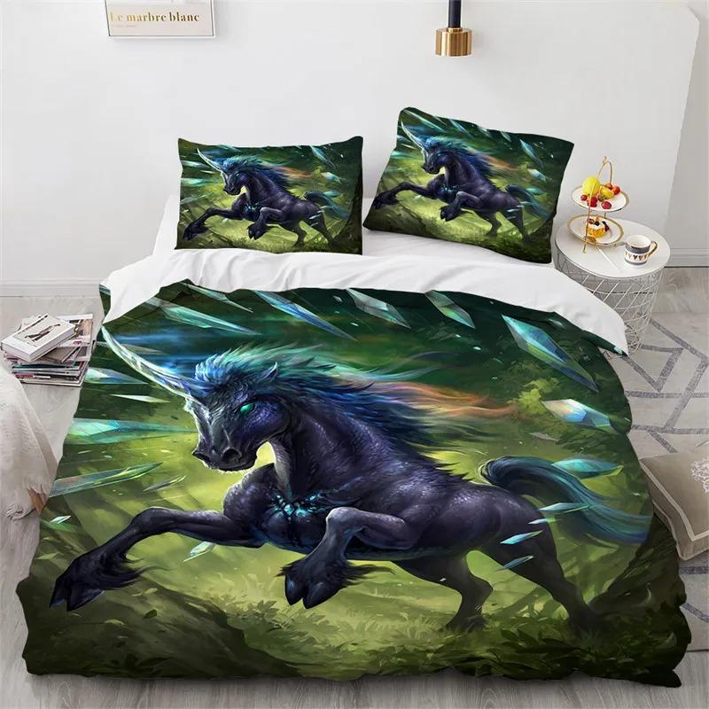 Cartoon Unicorn Flying Horse Bedding Set Boys Girls Twin Queen Size Duvet Cover Pillowcase Bed Kids Adult Home Textileextile