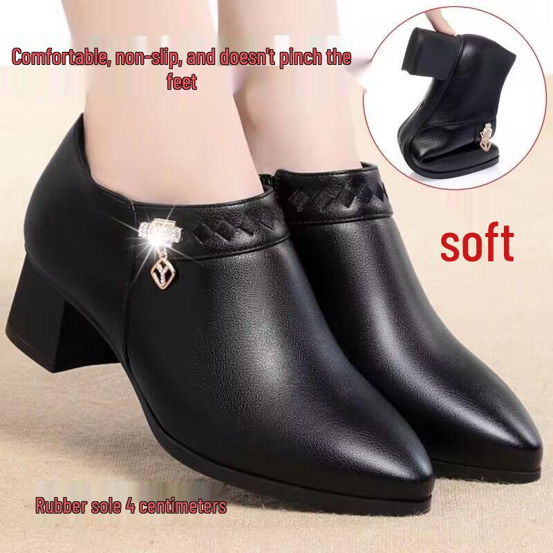 Women's Black Genuine Leather Fleece-Lined Work Shoes - Soft Sole, Wear-Resistant, Low Heel for Autumn/Winter