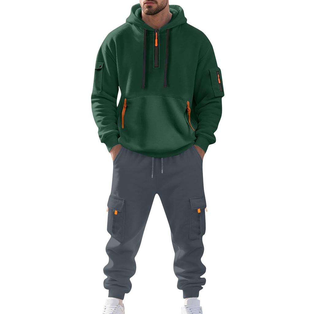 Pánský jednobarevný ležérní oblek Volná sportovní mikina s kapucí s kapsami Kombinéza s více kapsami