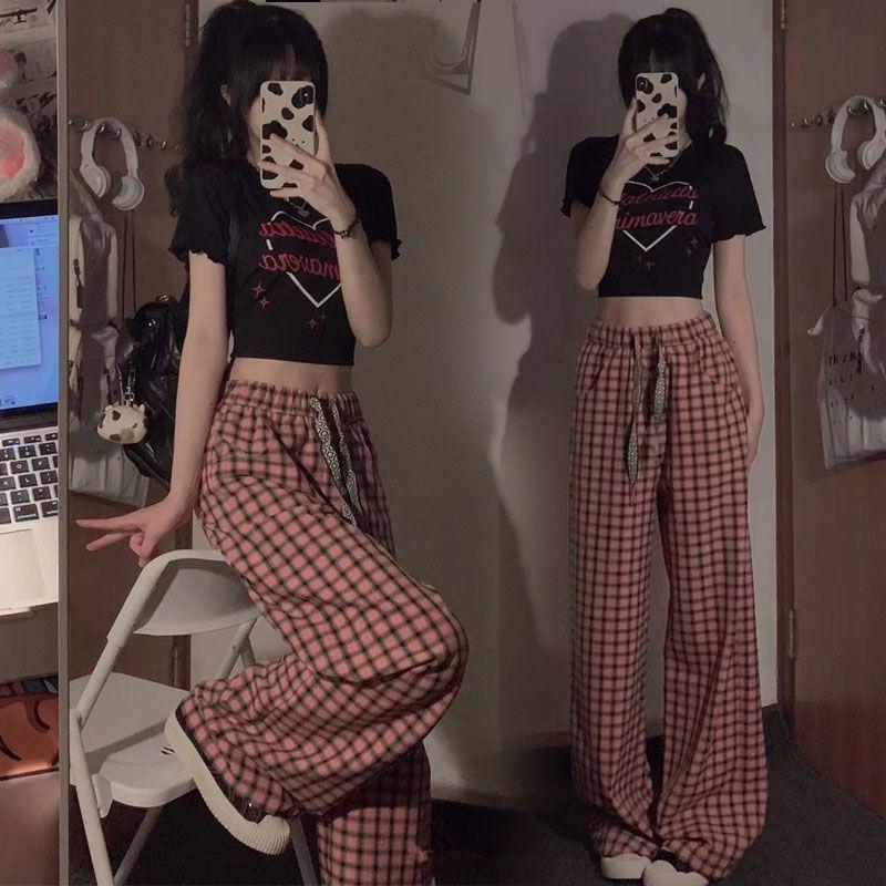 

Летний шикарный комплект-двойка 2025: Короткий модный топ и широкие клетчатые брюки с высокой талией M чёрный