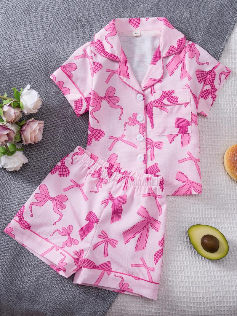 Short-Sleeve Cartoon Bow Girls Pajama Set 90cm