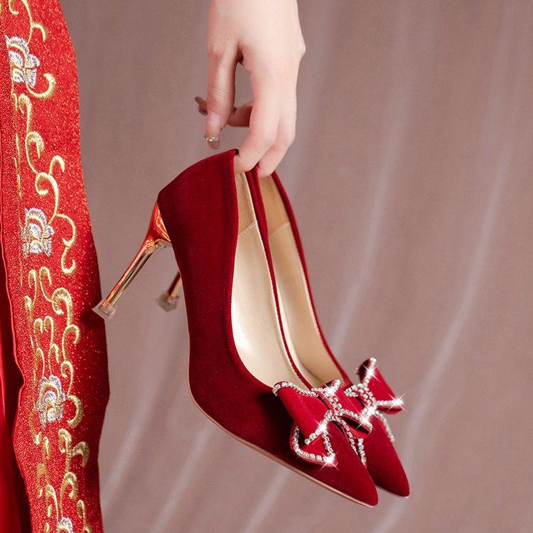 Dámské svatební boty Nové Kamínková mašle Červené Svatební Dámské Vysoký podpatek Špičatá špička Nazouvací lodičky Nude boty