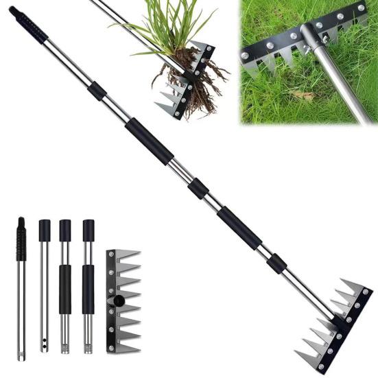 Weeding Rake with Adjustable Long Handle 8 Teeth Iron Weeding Tool for Efficient Soil Penetration Weed Removal Loosening Soil Rust-Resistant Garden