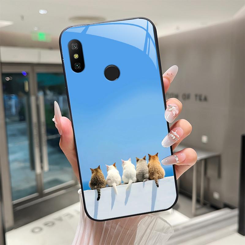 Beautiful Flower Cute Cartoon Cats Case For Xiaomi Mi A2 / Mi A2 Lite Tempered Glass Phone Case Protective Back Cover Hard Shell