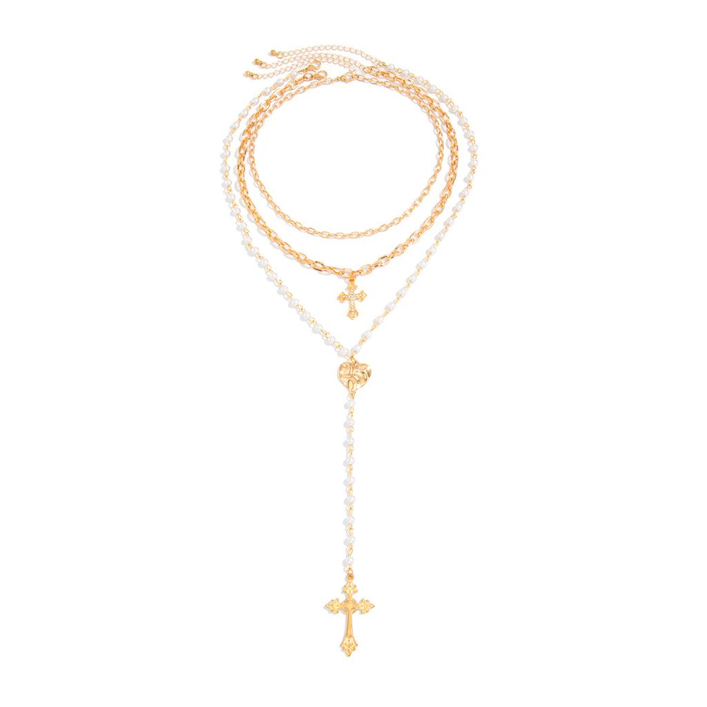 Punk Metal Cross Pendant Necklace, Temperament Imitation Pearl Beaded Chain Stacked Necklace