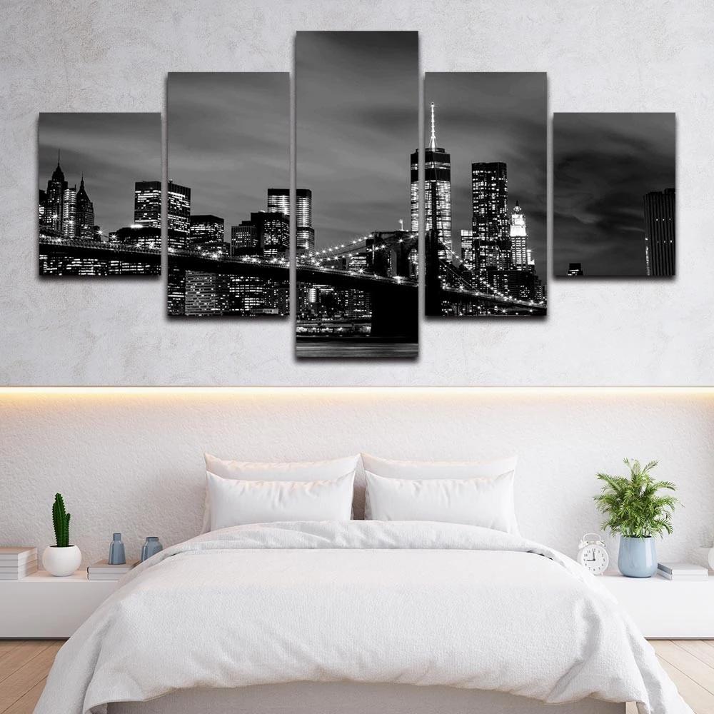 Canvas Painting Wall Art 5 Pcs New York Skyline Bridge Night View Poster Prints Modular Picture Home Decor Living Room No Framed
