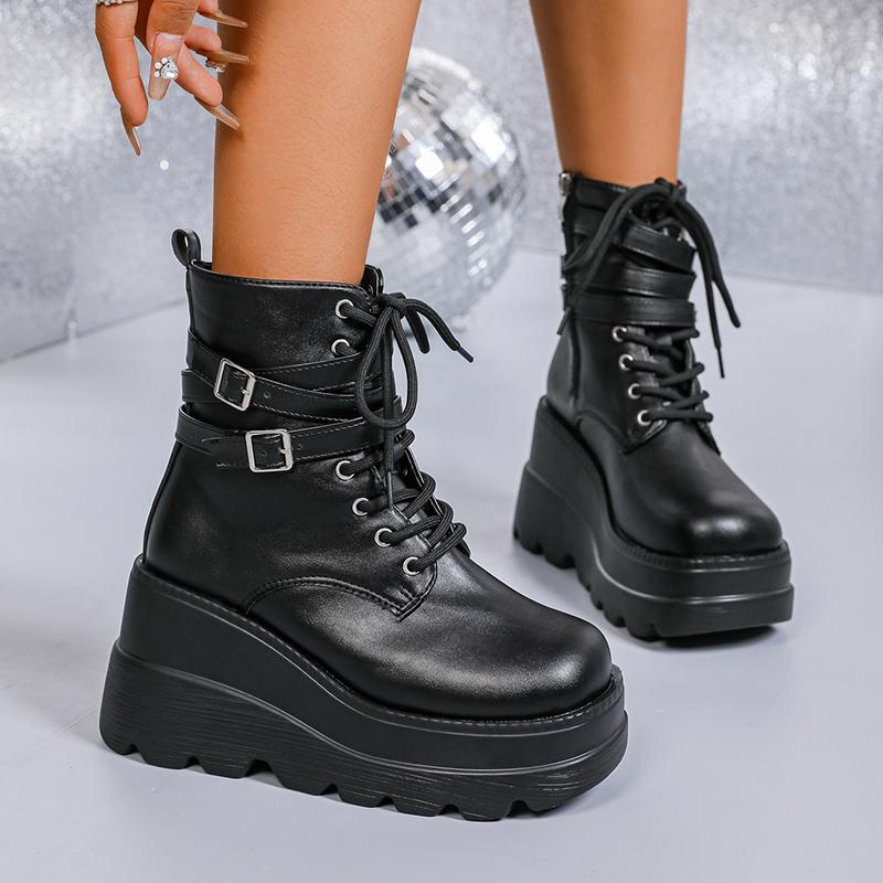 Punk Style Black Wedge Boots for Women Autumn Winter Chunky Platform Ankle Boots Woman Super High Heel Motorcycle Botas Mujer