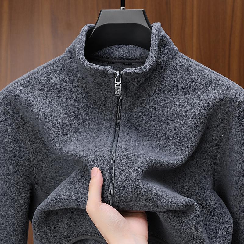 Autumn Men Polar Fleece Cardigan Sweatshirts Men's Stand Up Collar Zipper Jackets Y2K Vintage Solid Color Coats Basic Tracksuit