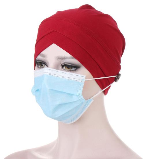 Women Solid Color Front Cross Beanie Bonnet Breathable Hat Cap with Button