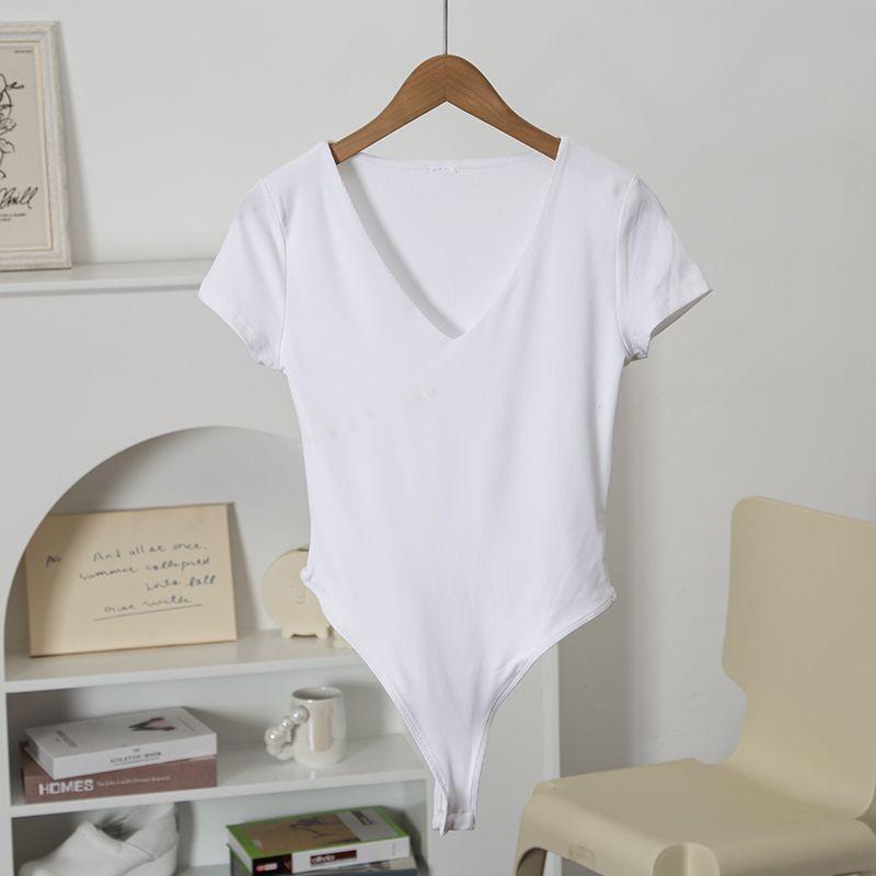 

American Normcore | Front Smooth Same Material Double Layer @ Solid Color and V-neck Short Sleeve Stretch T-shirt Female Jumpsuit Summer Export White XS