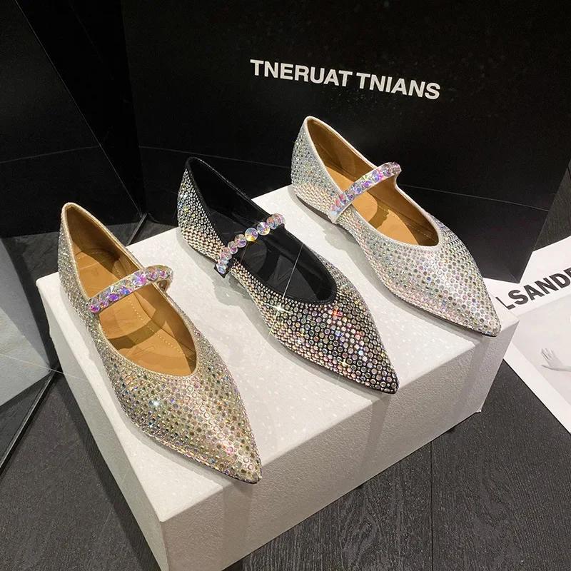 Brand New Women Flat Shoes Fashion Bling Rhinestone Pointed Toe Mary Jane Shoes Girl Slip-on Loafers Big Size