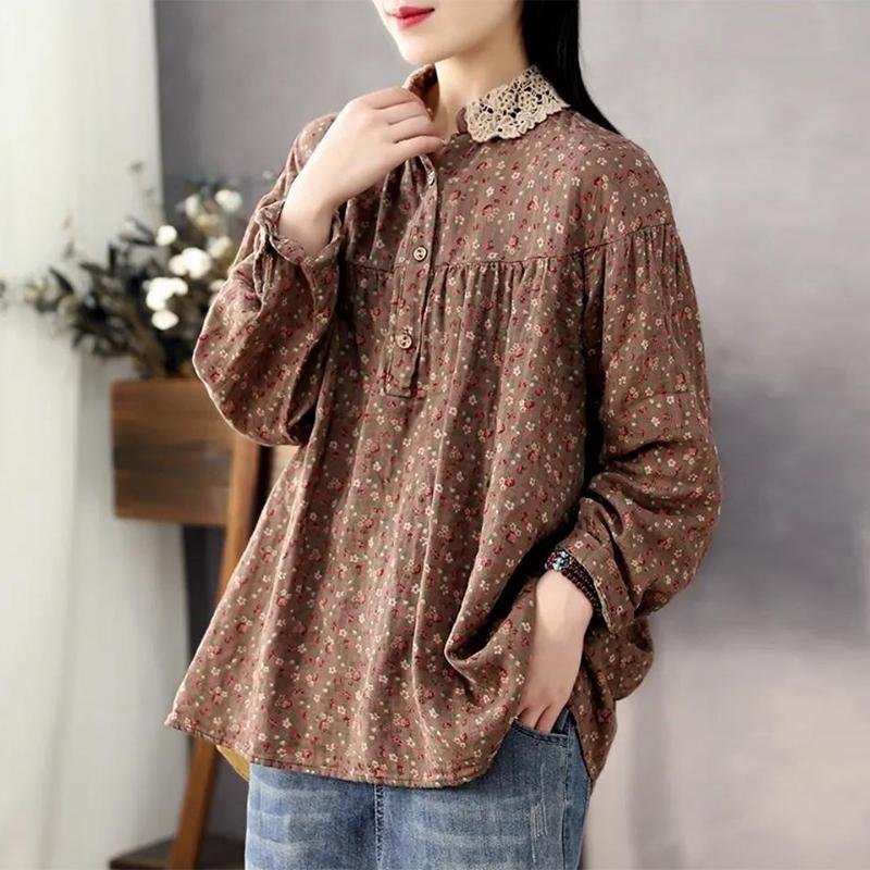 Spring Autumn Lace Patchwork Shirt Women Floral Print Shirt Ladies Loose Casual Vintage Long Sleeve Pullover Top