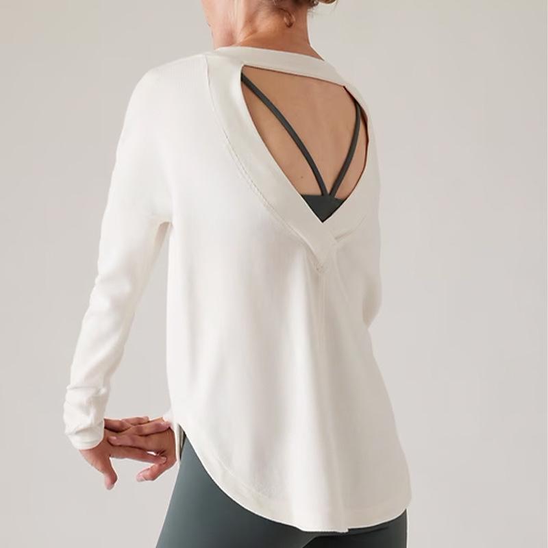 

Женский топ для йоги с открытой спиной и вырезами, с длинным рукавом - Повседневная фитнес-толстовка на осень/зиму Large белый