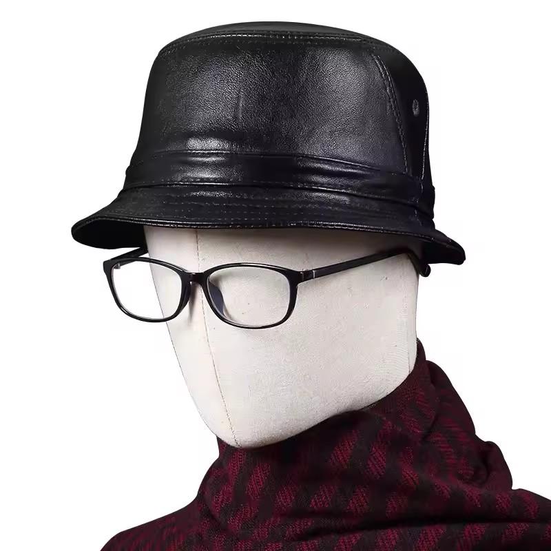 Herren Echte Leder Flache Eimerhut Kurzer Schirm Outdoor Kappe in Schwarz/Braun Hip Hop Stil Geeignet für Literatur Angeln Aktivitäten