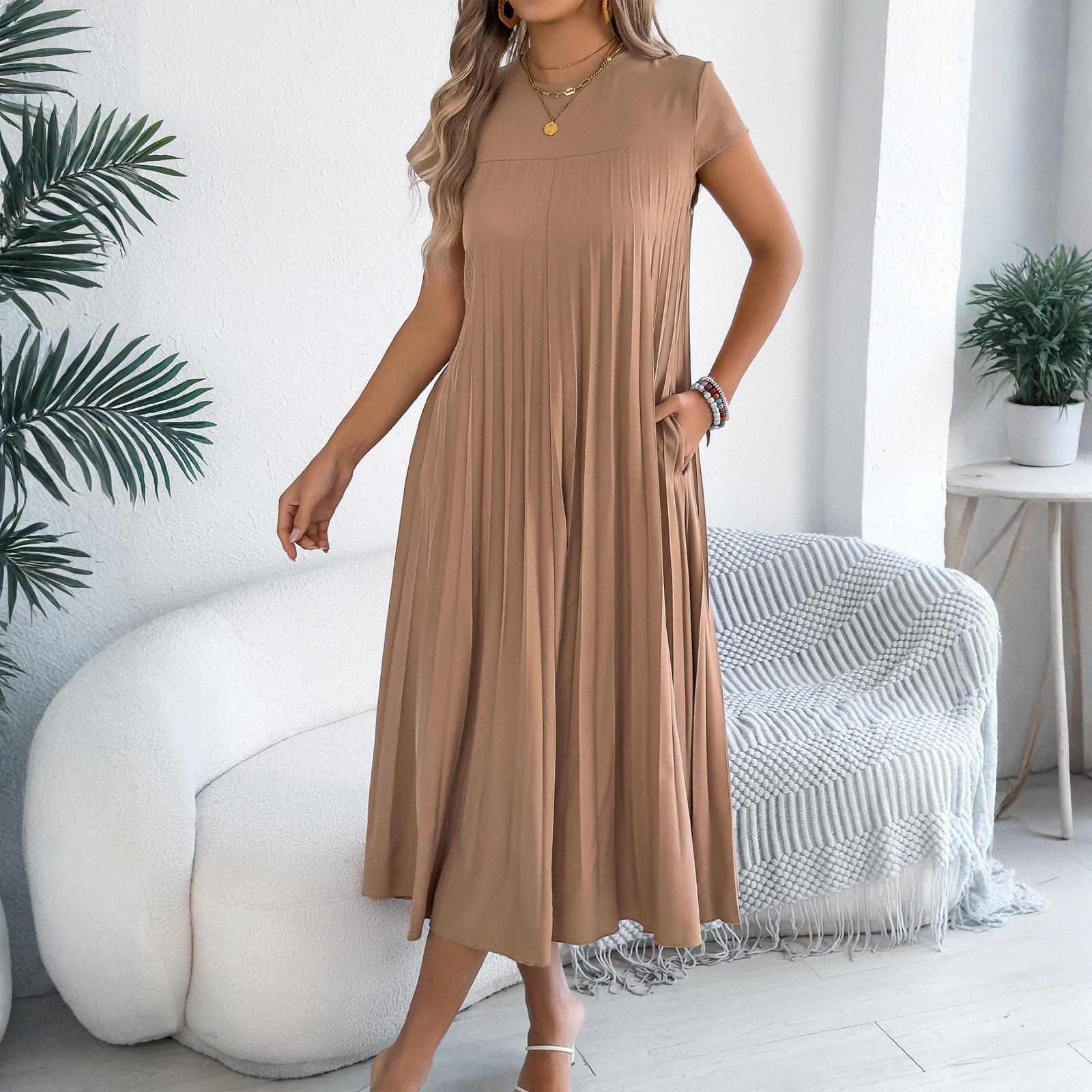 

Women s Fashionable Color Round Neck Short Sleeved Casual Loose Pocket Pleated Dress XL