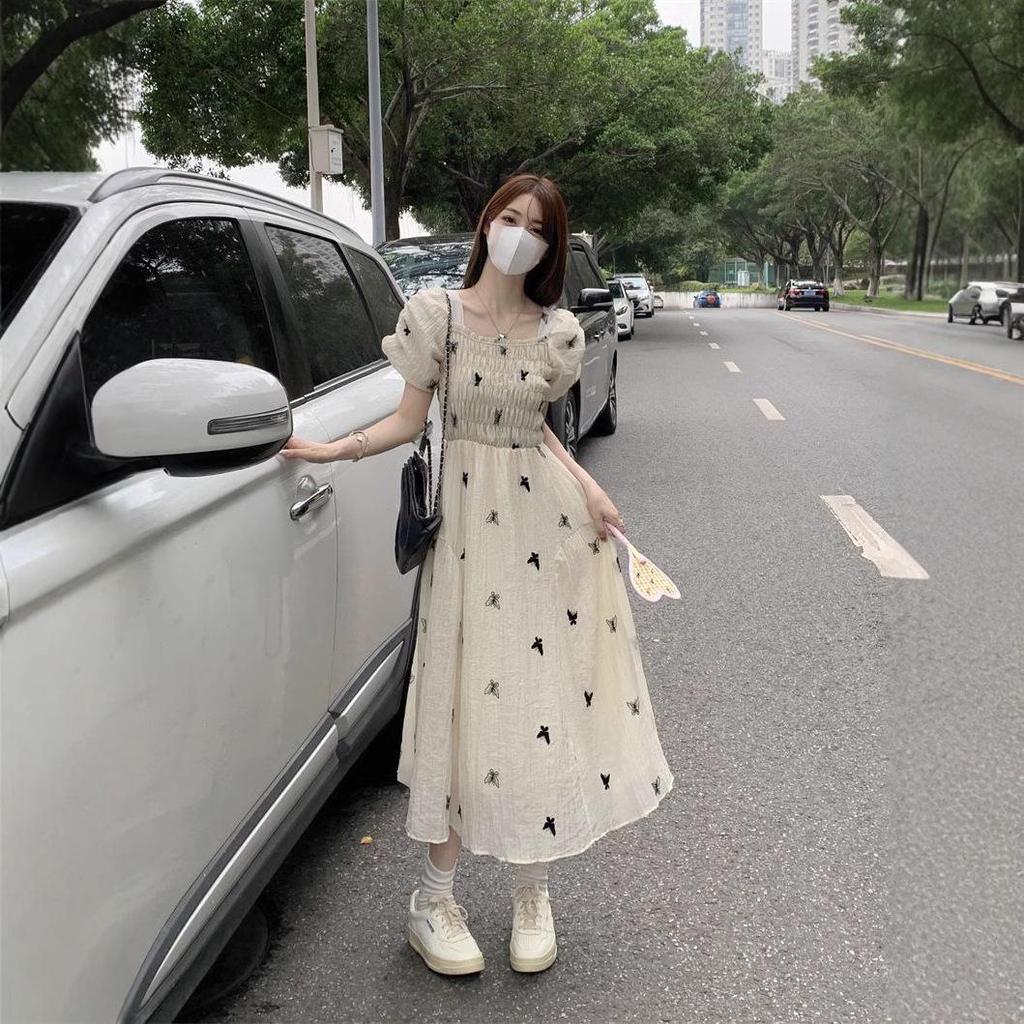 Damen Retro Schmetterlingsdruck Quadratischer Ausschnitt Puffärmel Kleid - Schlankmachende Taille, Vielseitiger Stil