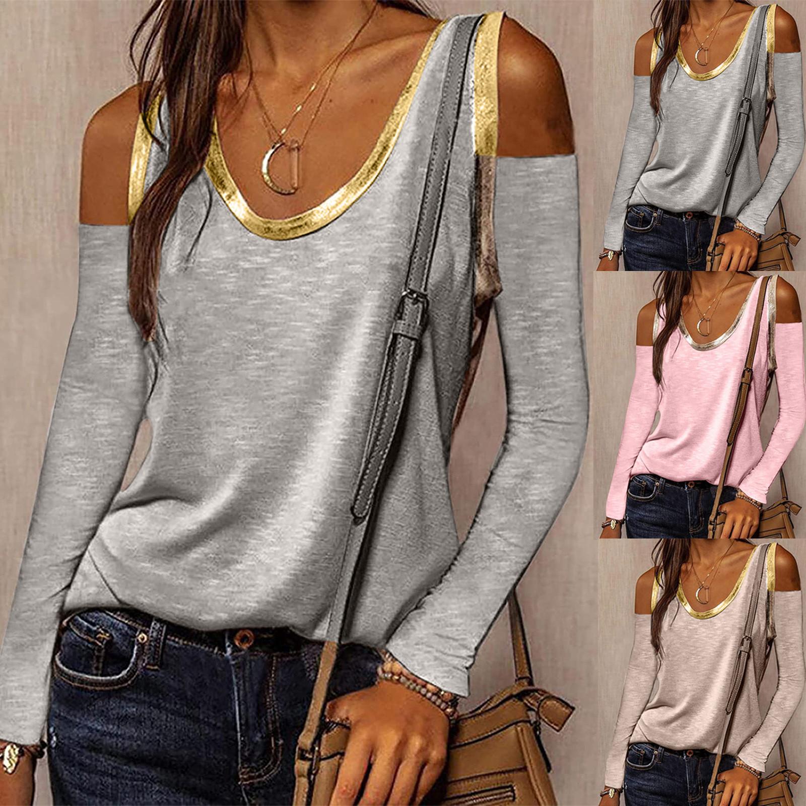 

Женщины Контрастный цвет Круглая шея Длинный рукав Топ От плеча Строчка Топы