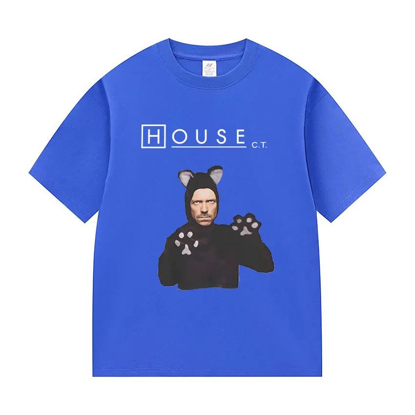 Lustiges House MD als Katze Meme Grafik T-Shirt Herren Damen Retro Oversized Kurzarm T-Shirts Mode Hohe Qualität Baumwolle T-Shirt
