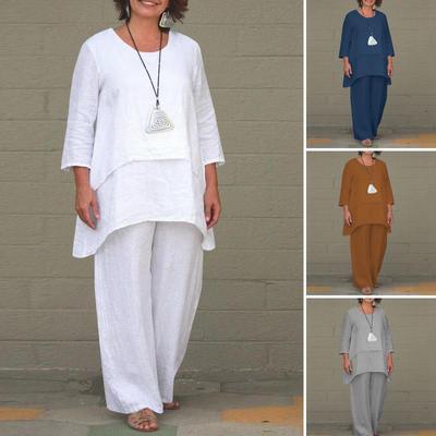 2 Pcs Muslim Suits Women O Neck Long Sleeve Tops and Loose Pants