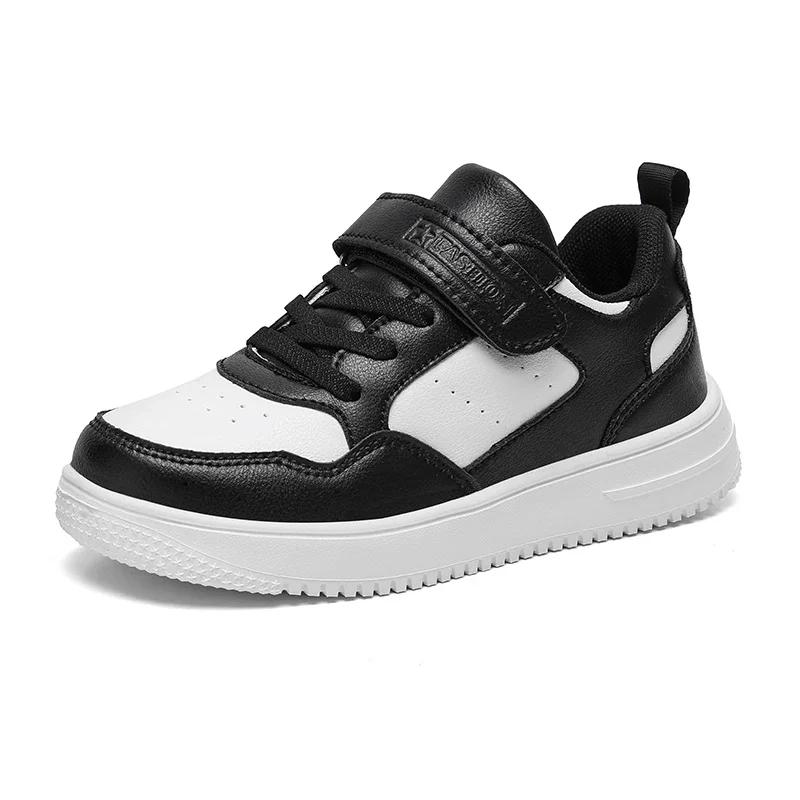 

New Casual Leather Sneakers for Children Solid Color Fashion Skateboarding Shoes for Kids Comfortable Low Top Trainers for Boys 39 чорний білий колір