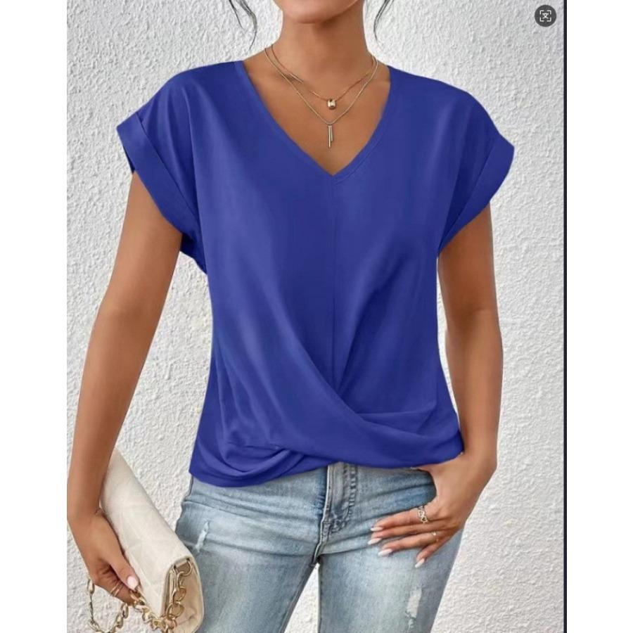 Elegant Short Sleeved Top for Spring and Summer Solid Color V-neck Women's T-shirts