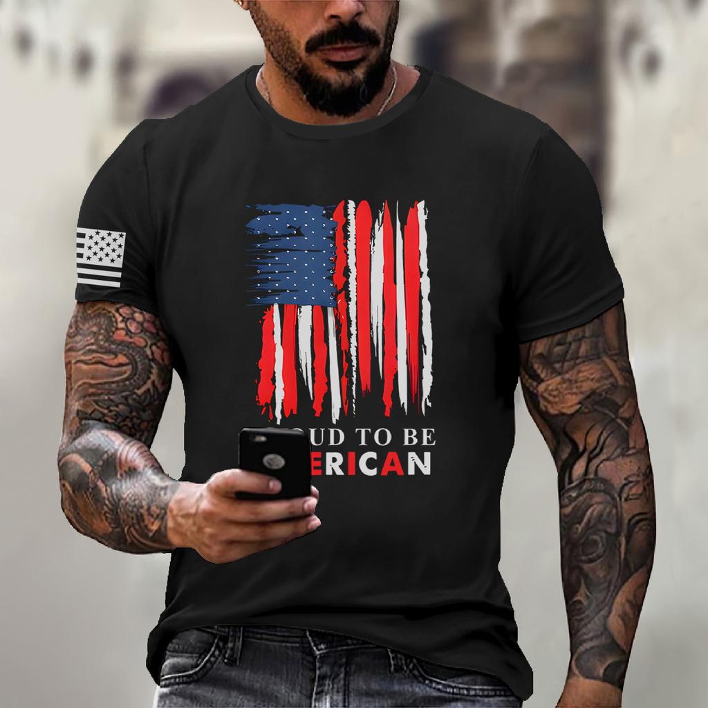 Men's Fashion Casual Short Sleeve Round Neck Independence Day Flag T-Shirt Top